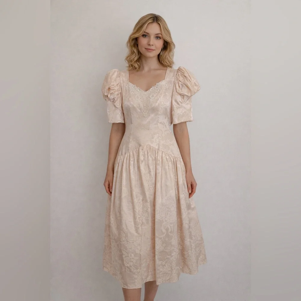 Romantic champagne vintage dress puffy sleeves lace cottagecore tulle - Picture 1 of 16